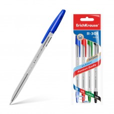 Ручка шариковая. ErichKrause. R-301 Classic Stick. 1,0. Цвет чернил: синий, черный, красный, зеленый. 4 ручки в пакете