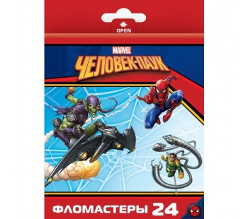 Фломастеры. 24 цвета. HATBER VK. Marvel - Человек паук. В картонной коробке с европодвесом